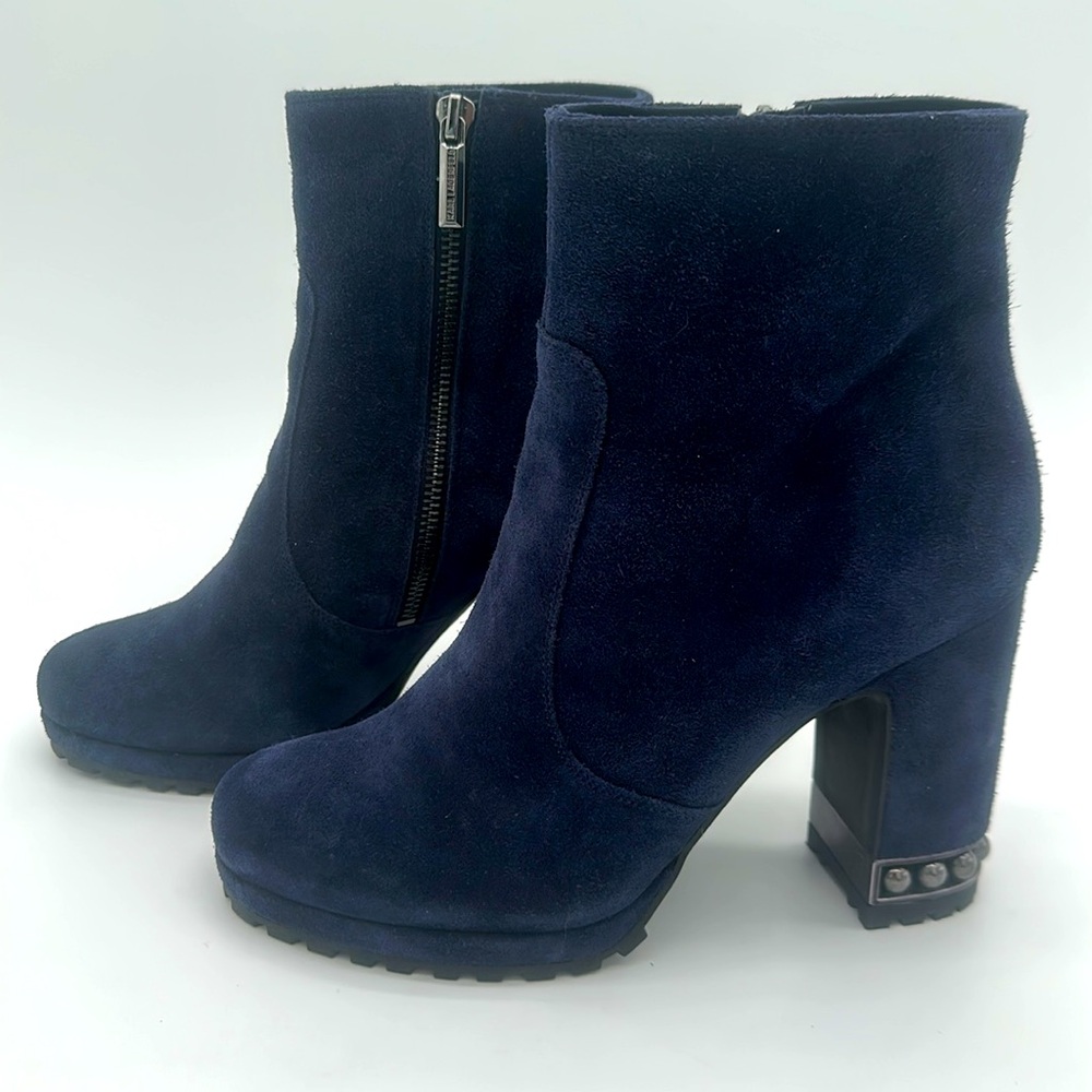 Karl Lagerfeld Navy Suede Chunky Heel Ankle Boots